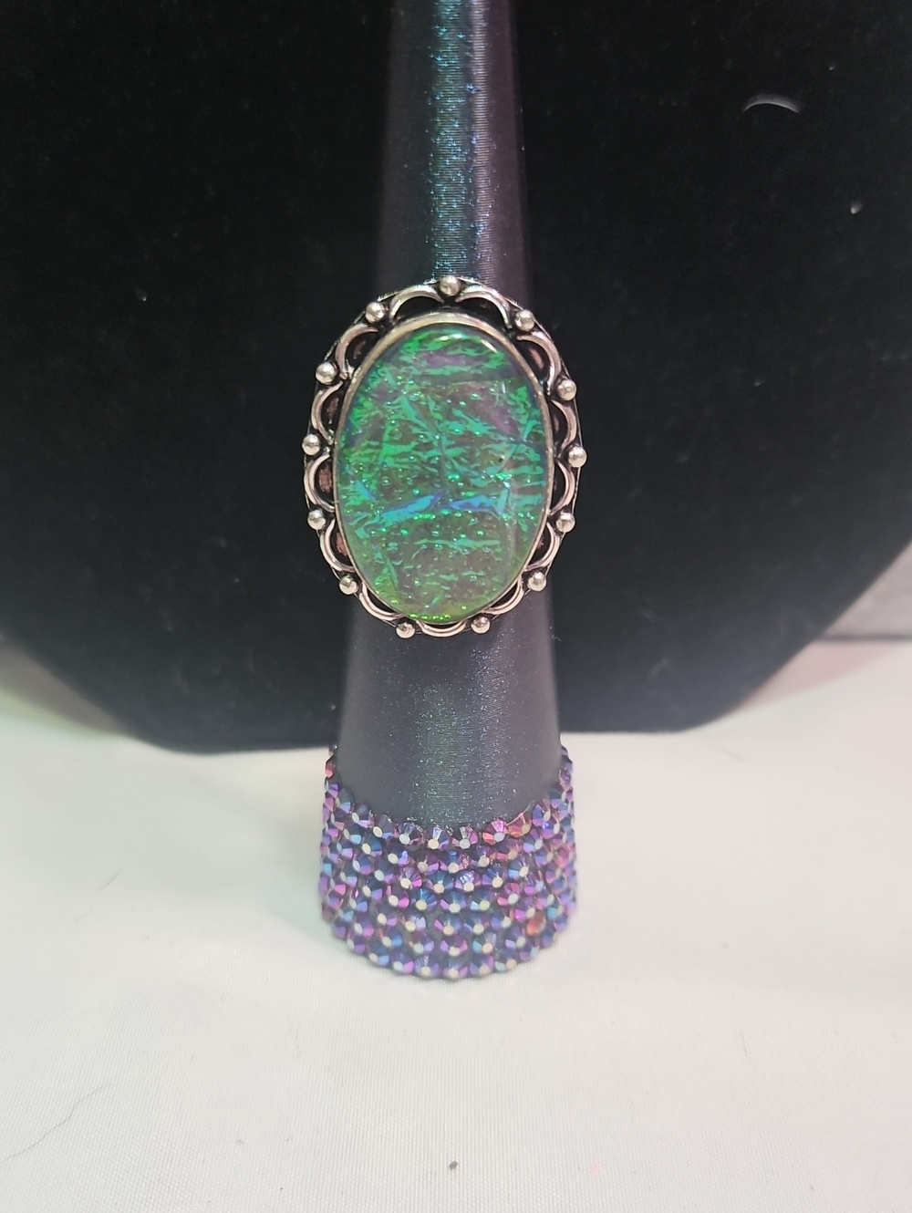 Green Iridescent Opal-Style Oval Ring - Women Jewelry